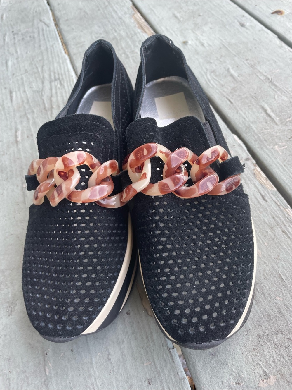 Dolce Vita Black Perforated Slip-On Sneakers with Tortoiseshell Chain SZ 6.5